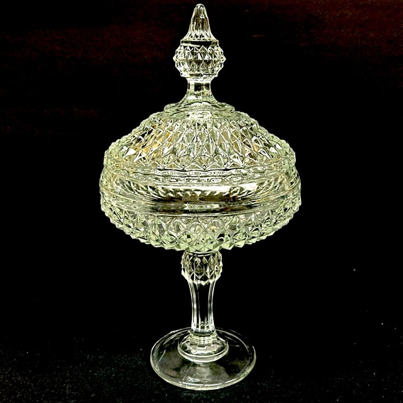 Vintage “Diamond Point “ clear glass 12”pedestal lidded candy dish/ compote - Picture 1 of 9